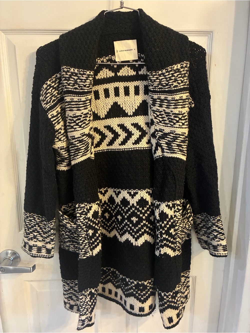 Lucky Brand Black & White Patterned Open Cardigan Sweater, Size: XS